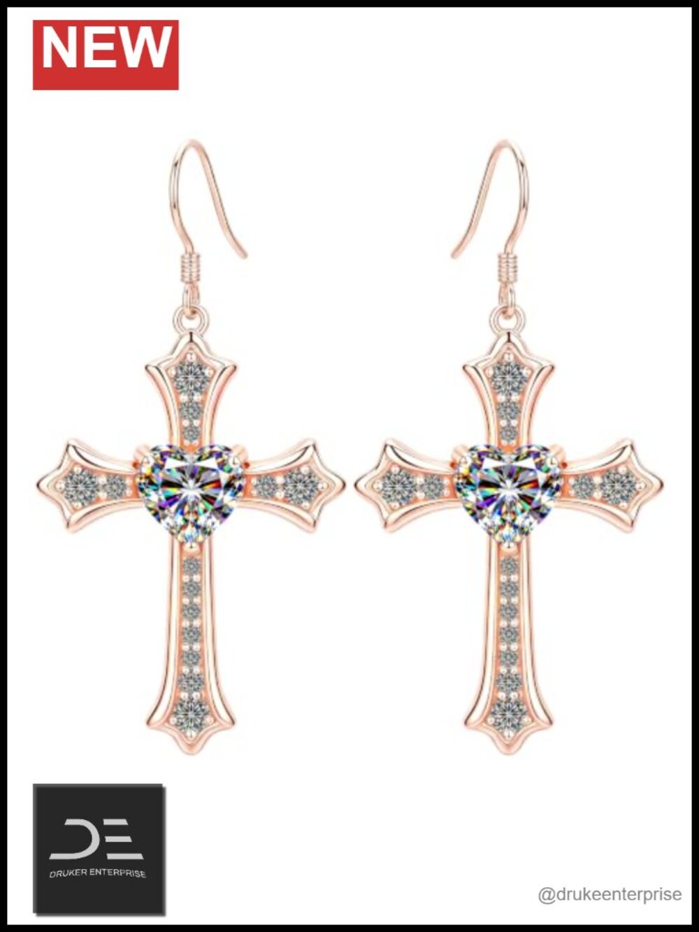 14K Rose Gold Plated Sterling Silver Moissanite Dainty Cross Drop Dangle